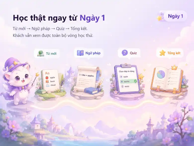 Học thật ngay từ Ngày 1: Từ mới, Ngữ pháp, Quiz và Tổng kết